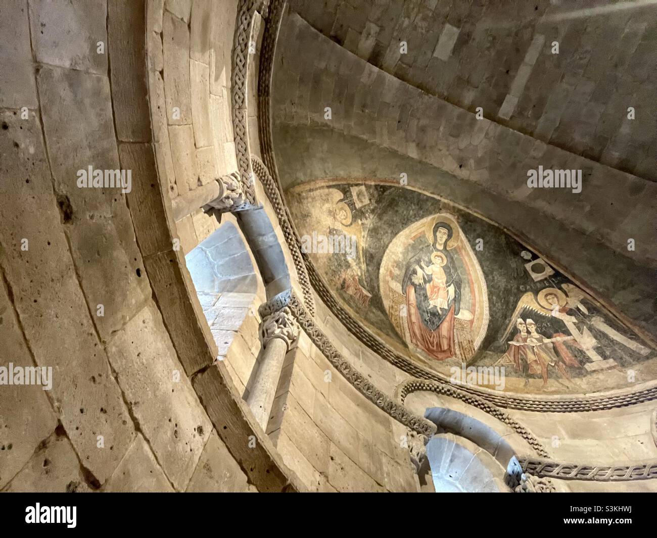 Looking up at the ceiling paintings, The Cloisters, NY Stock Photo