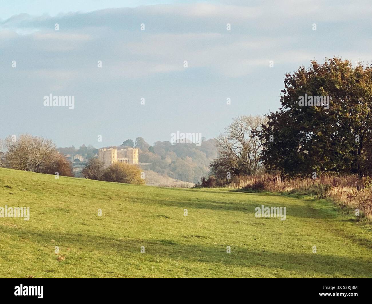 Morning on a sunny autumnal day in Purdown, Stoke park estate, Lockleaze, yellow house, Bristol, Avon, Somerset, uk, November 16th 2021 - Smartphone Captured Stock Image