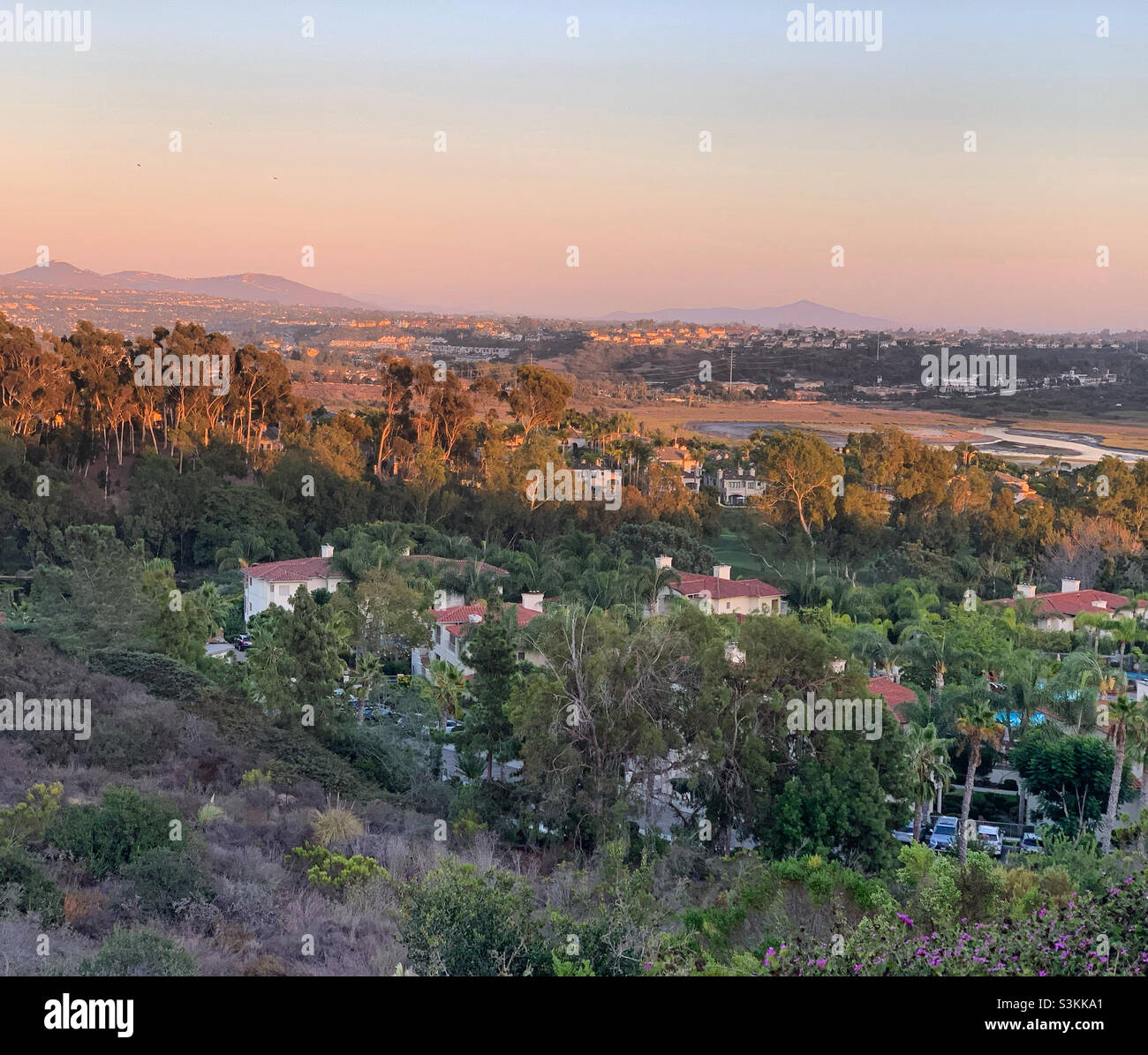 September, 2021, A sunset view from the grounds of the Park Hyatt Aviara, Carlsbad, San Diego County, California, United States, North America - Smartphone Captured Stock Image