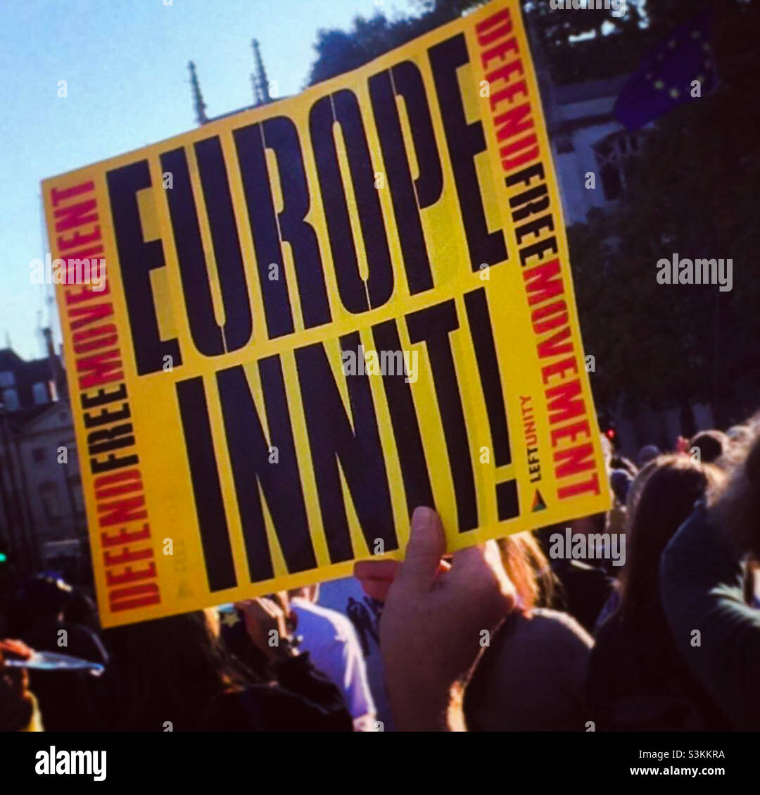 A protester holds up a sign that say Europe Innit, amid the crowd at the anti-Brexit demonstrations in London October 2018 - Smartphone Captured Stock Image