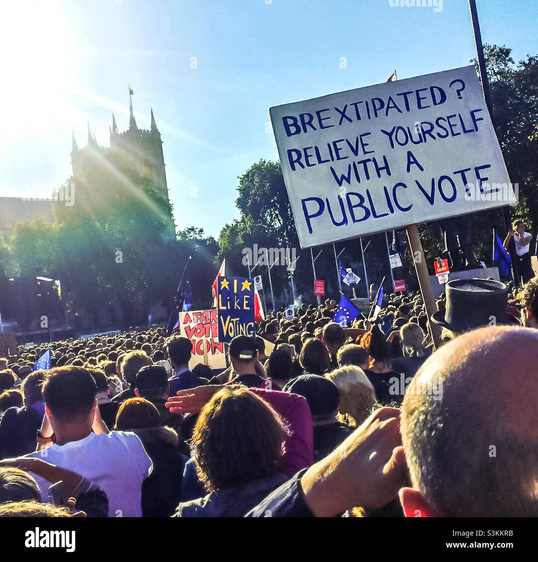 A crowd looks toward Parliament as they hold placards at the anti Brexit demonstrations in London, October 2018 - Smartphone Captured Stock Image