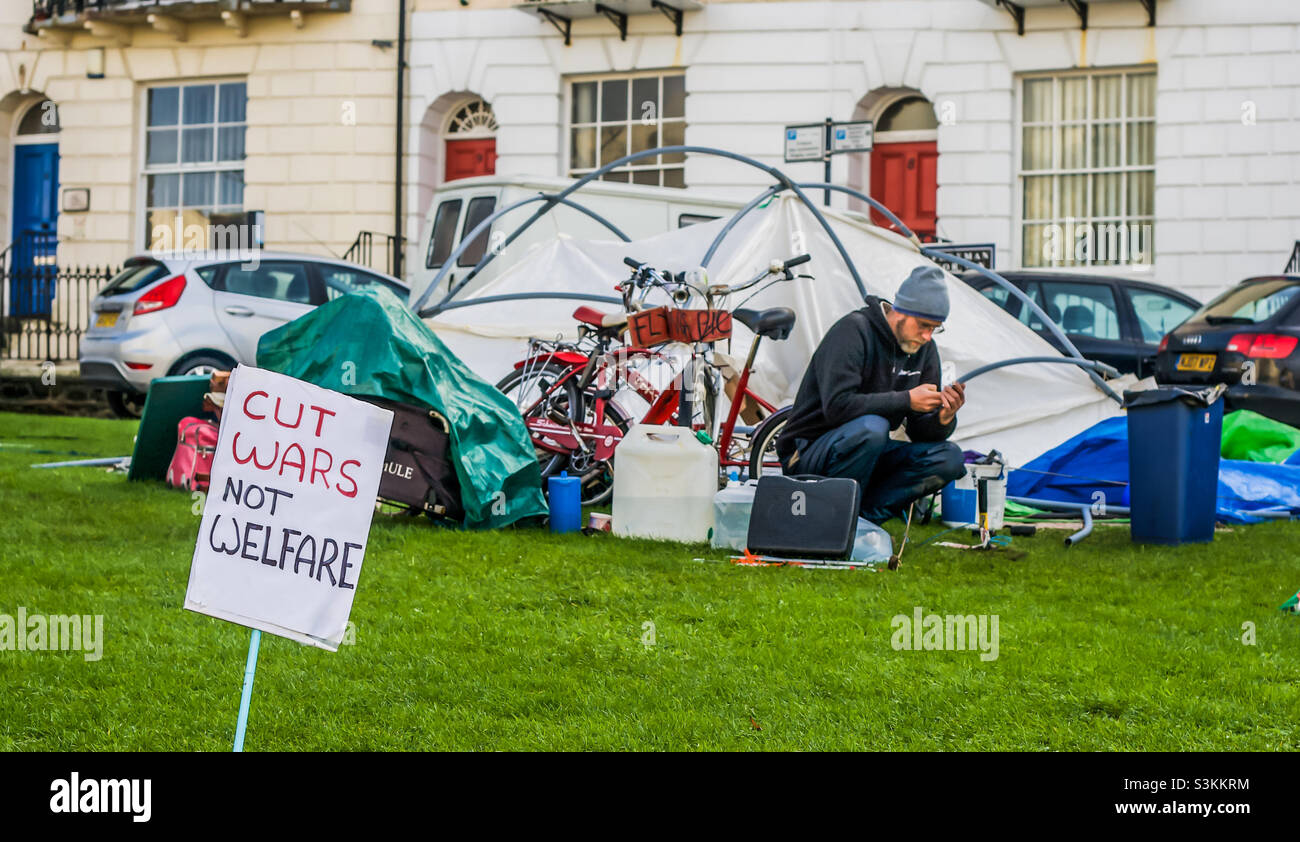 A protester sets up to “occupy” Wellington Square in Hastings - December 2011 - Smartphone Captured Stock Image