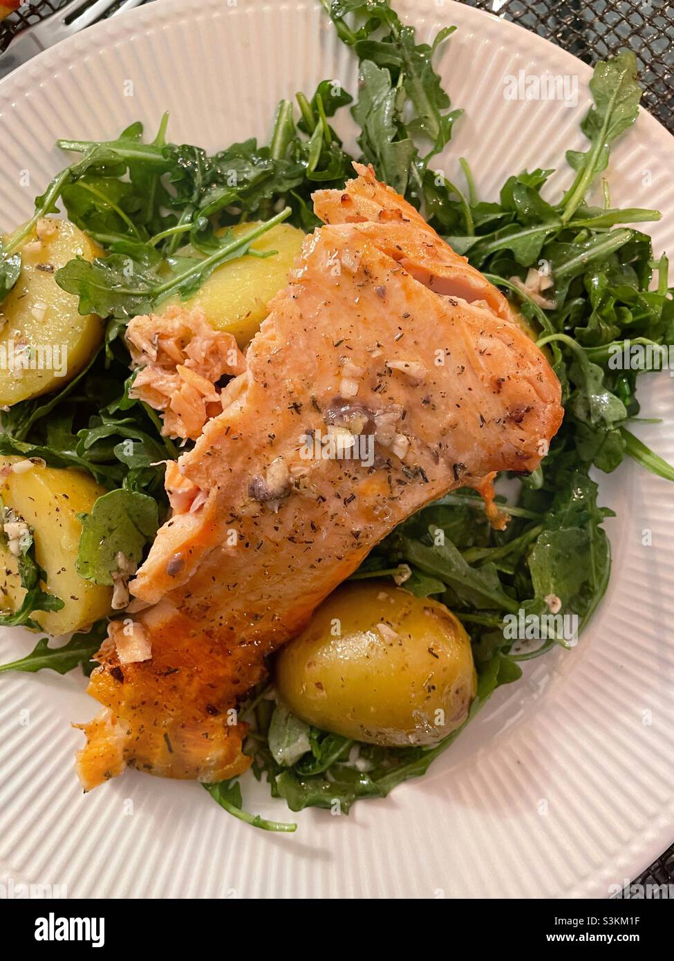 Close Up of Grilled Salmon and New Potato Entree,, USA - Smartphone Captured Stock Image