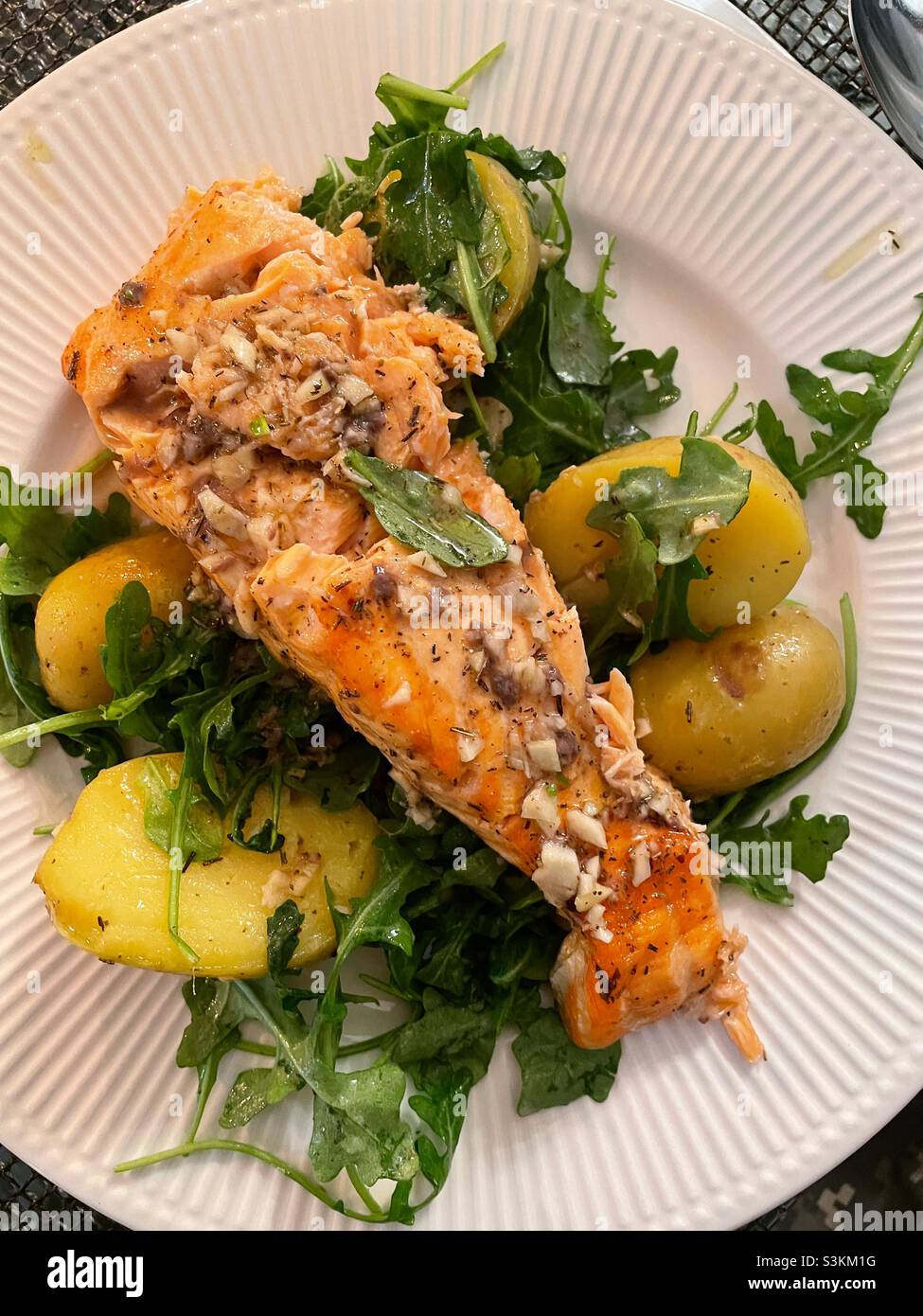 Close Up of Grilled Salmon and New Potato Entree,  USA - Smartphone Captured Stock Image