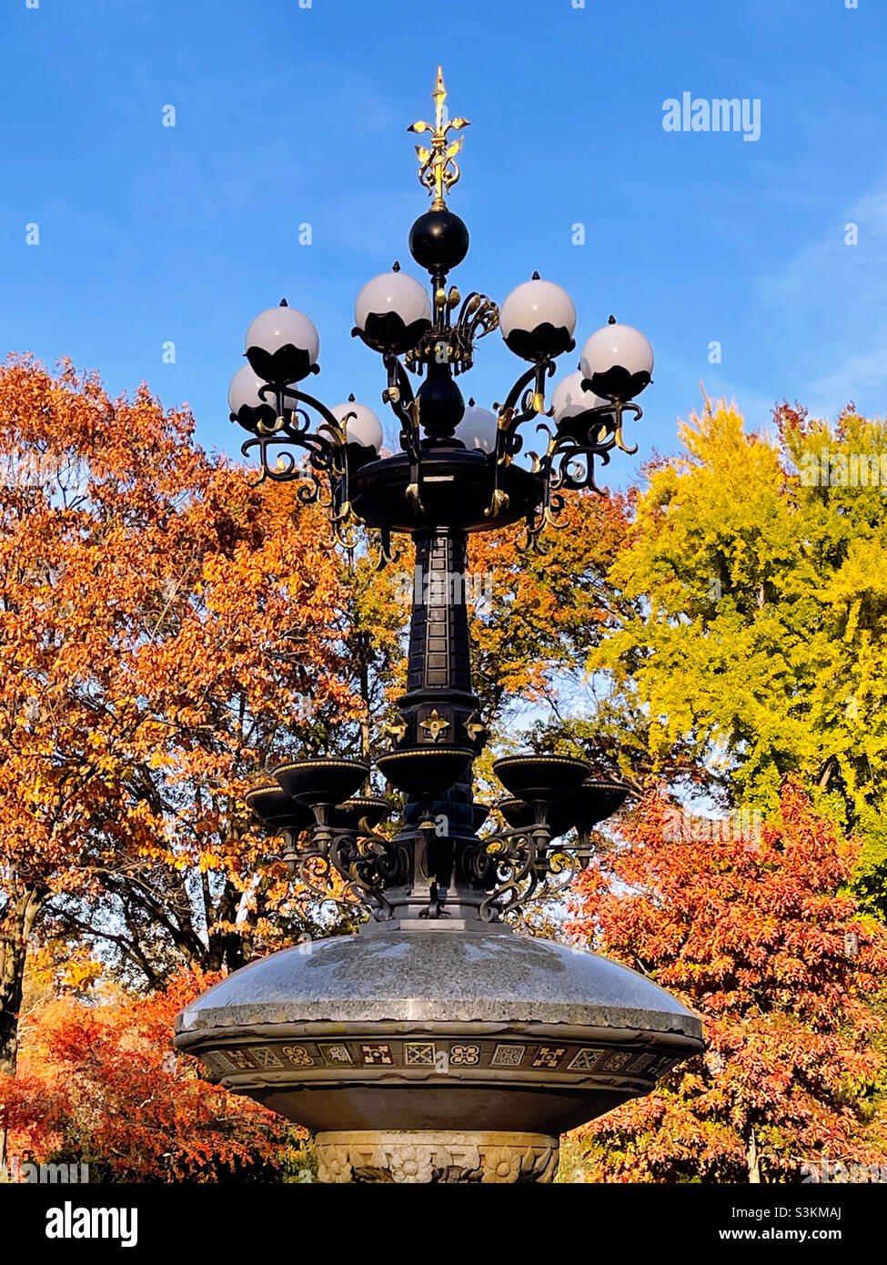 The fountain in Cherry Hill is surrounded by vibrant fall foliage in