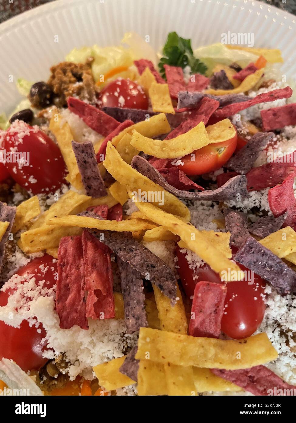 Flat lay close-up of a tasty taco salad main course meal, USA - Smartphone Captured Stock Image