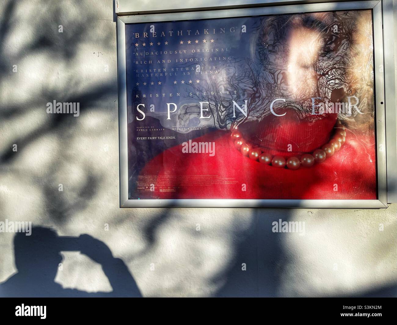 Spencer film poster outside an independent cinema, Woodbridge Suffolk England - Smartphone Captured Stock Image
