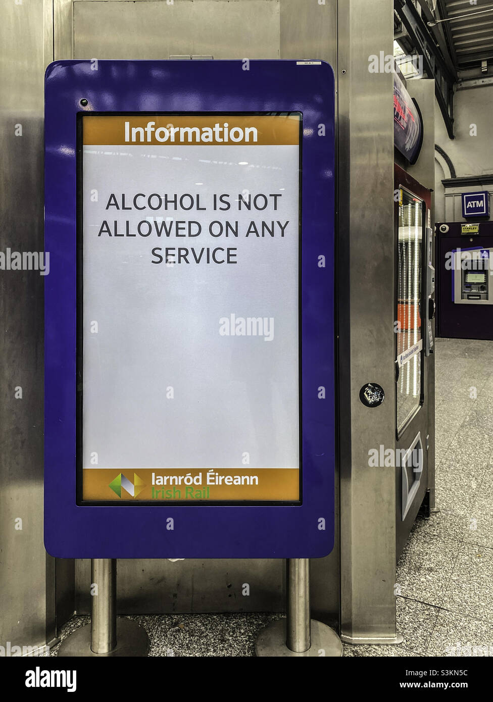 Sign in Heuston Railway Station, Dublin, Ireland warning that alcohol is not allowed on any train services. - Smartphone Captured Stock Image