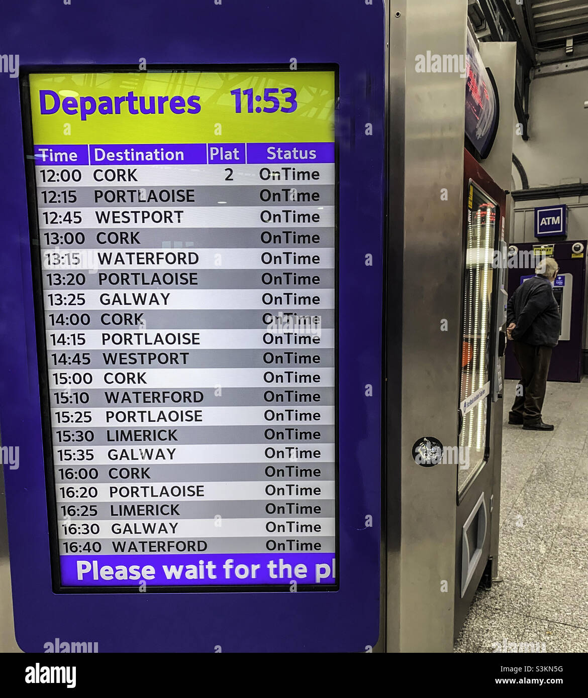 A list of train departure times displayed in Heuston Railway Station in Dublin, Ireland, - Smartphone Captured Stock Image