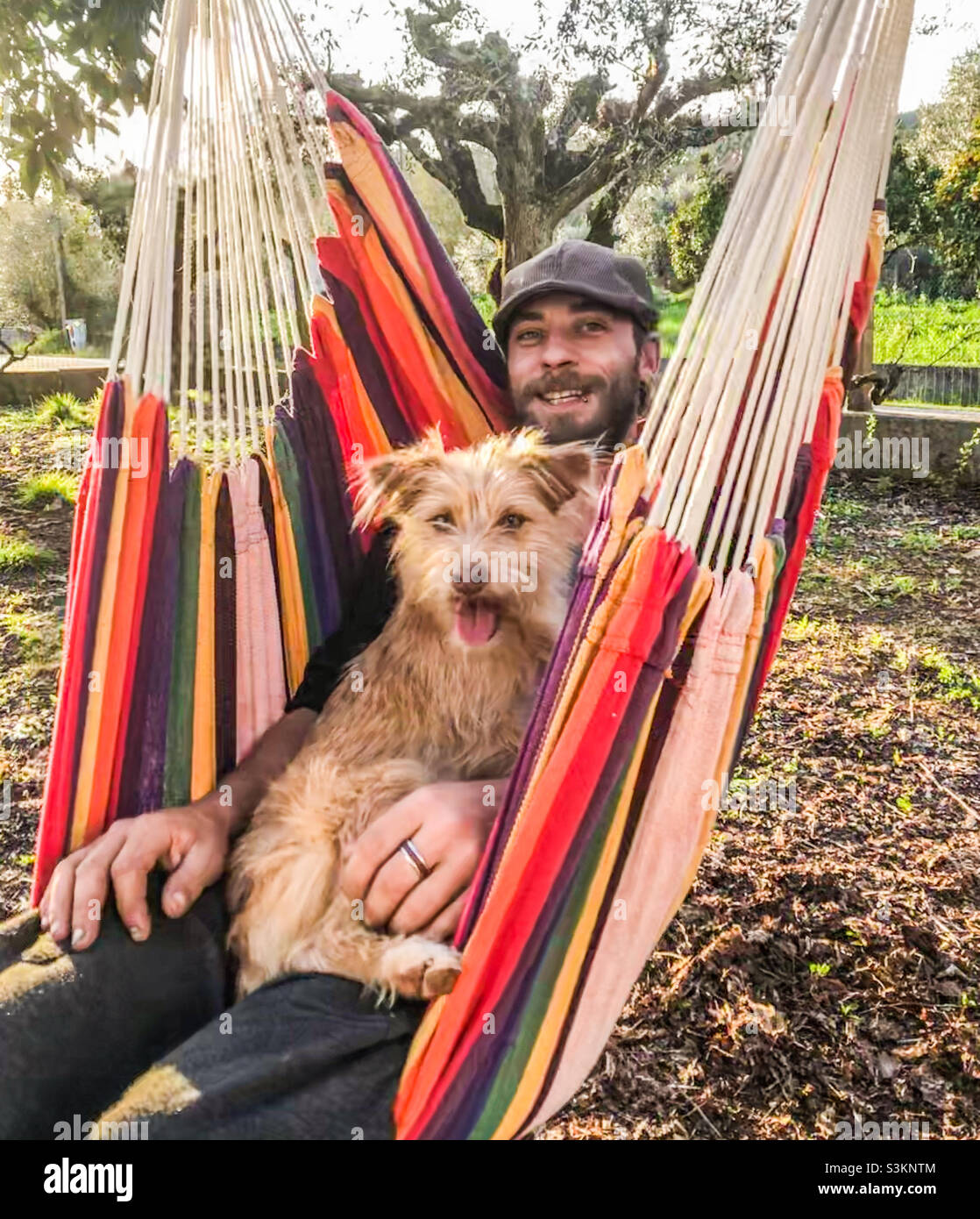 A man and his dog sit cheerfully in a colourful hammock - Smartphone Captured Stock Image