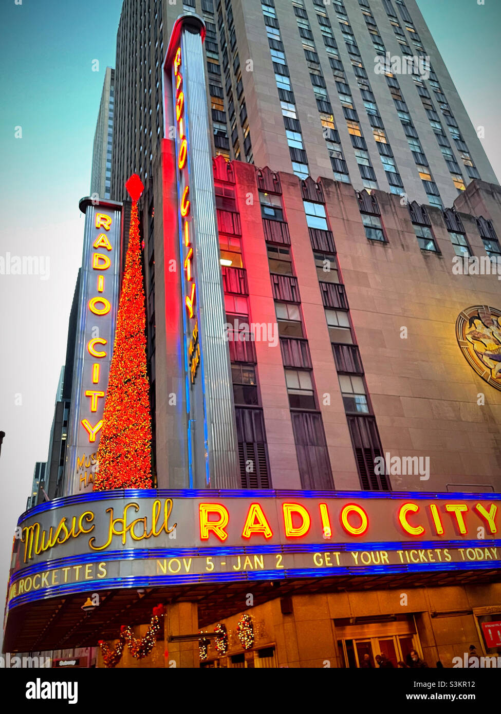 During the holiday season radio city music Hall is brightly lit with Christmas decorations, Rockefeller Center, new York city, United States, 2021 - Smartphone Captured Stock Image