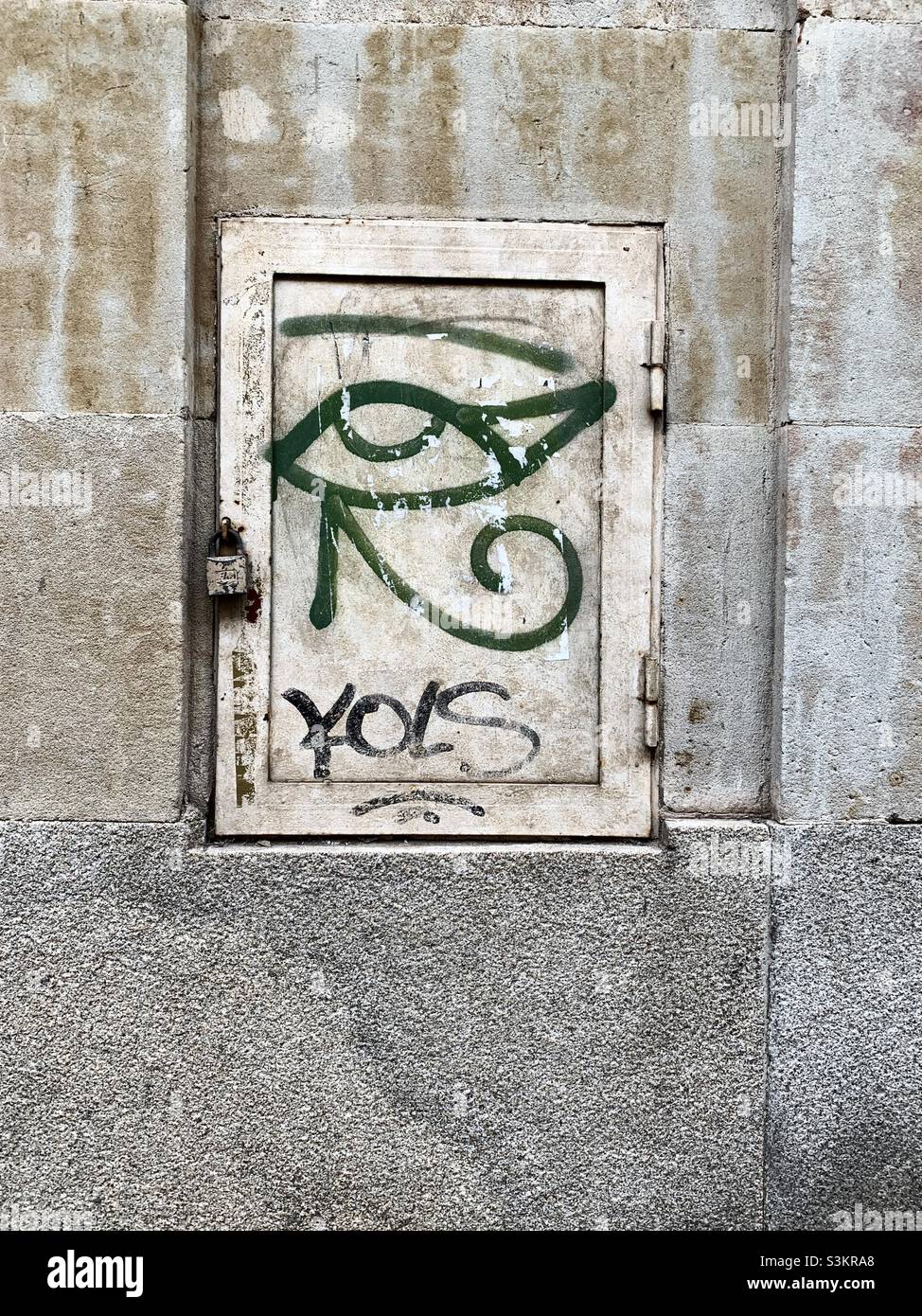 Street graffiti art with Eye of Horus in Salamanca, Spain. Stock Photo