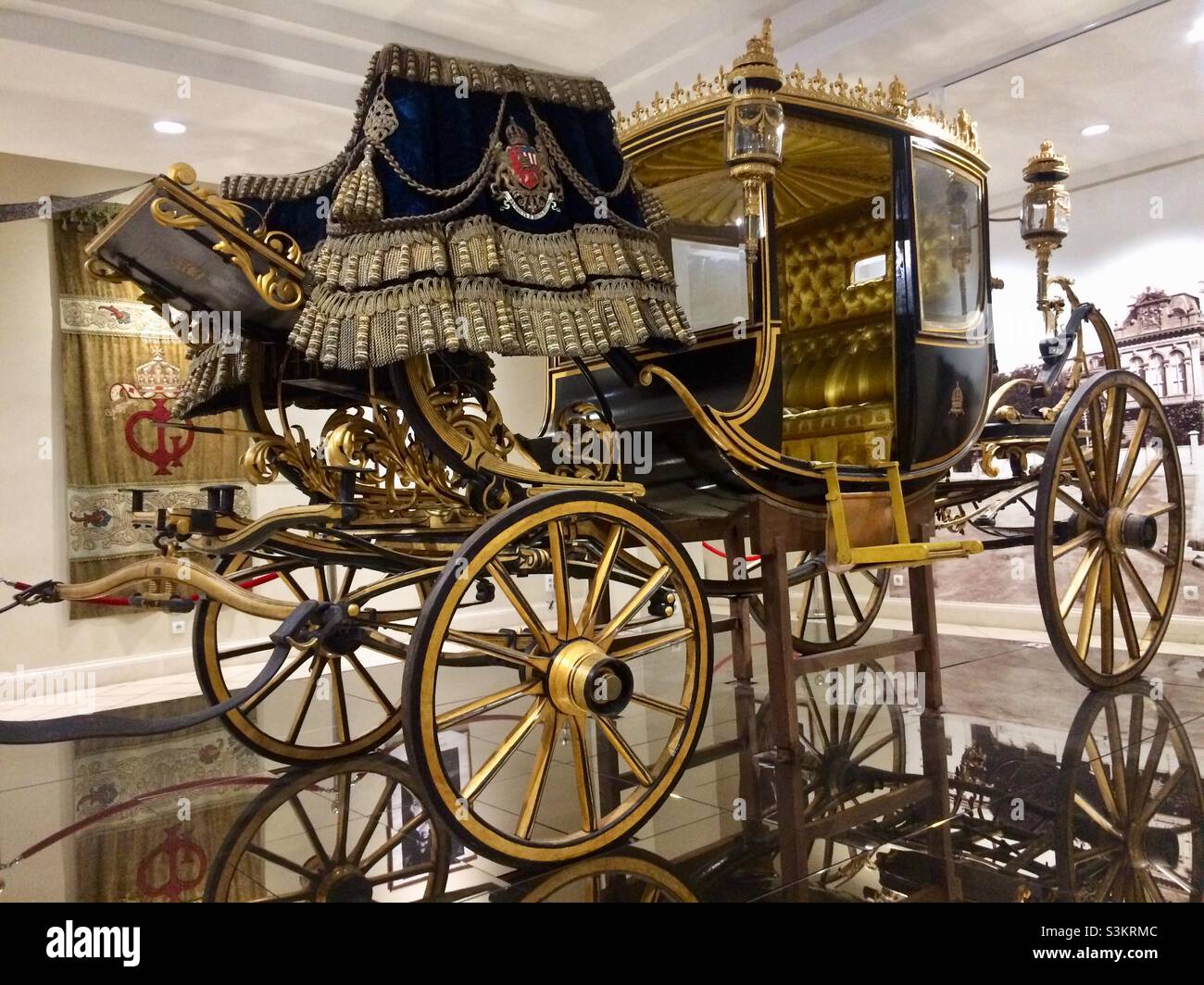 Golden horse carriage from Marie Antoinette in the Regional History Museum in Sofia Bulgaria, Eastern Europe, Balkans, EU - Smartphone Captured Stock Image