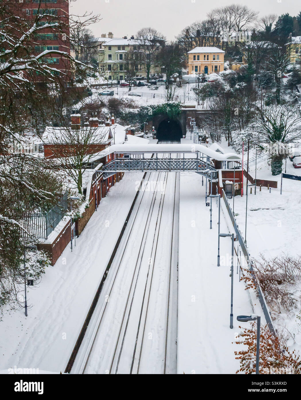 No trains running today as the tracks are heavy with snow at Warrior Square station near Hastings - December 2010 - Smartphone Captured Stock Image