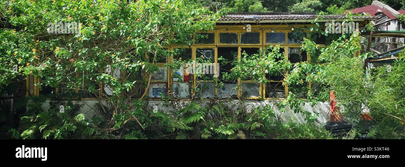 The old Tea Garden Restaurant, now closed and overgrown, Ngong Ping, Lantau Island, Hong Kong Stock Photo