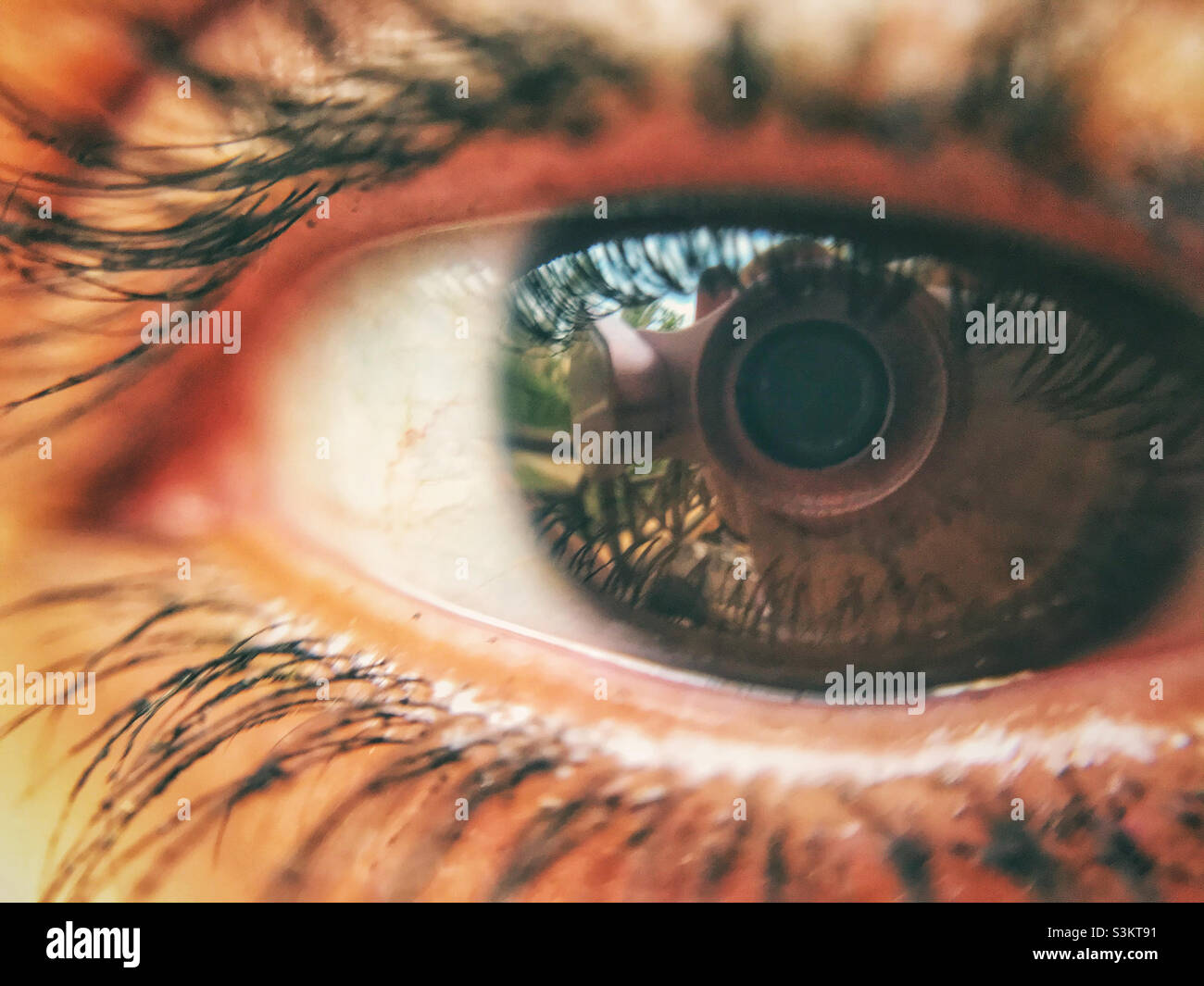 a macro shot of a girl’s eye reflecting the lens of the camera - Smartphone Captured Stock Image