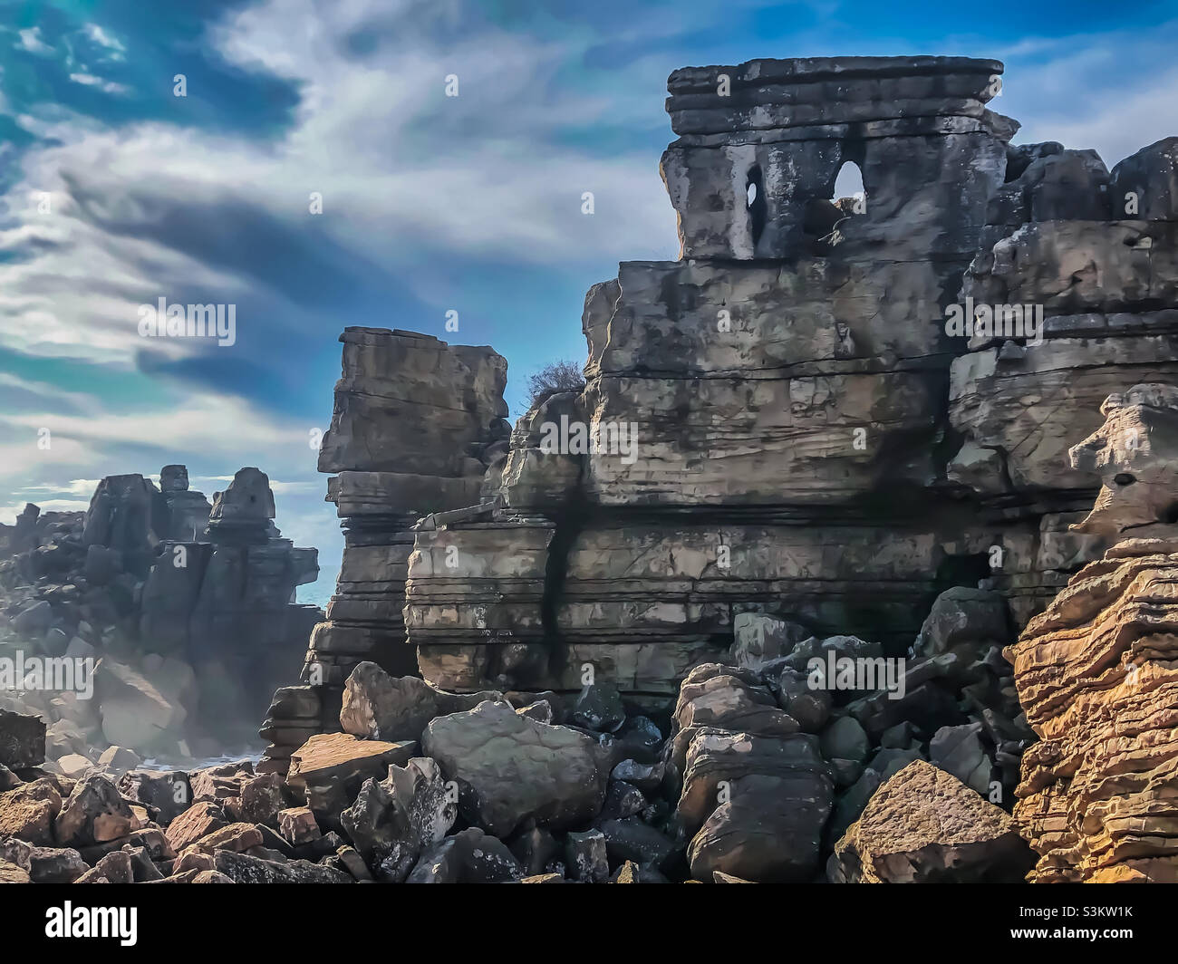 Natural rock formations created by centuries of oceanic weathering at Peniche, Portugal - Smartphone Captured Stock Image
