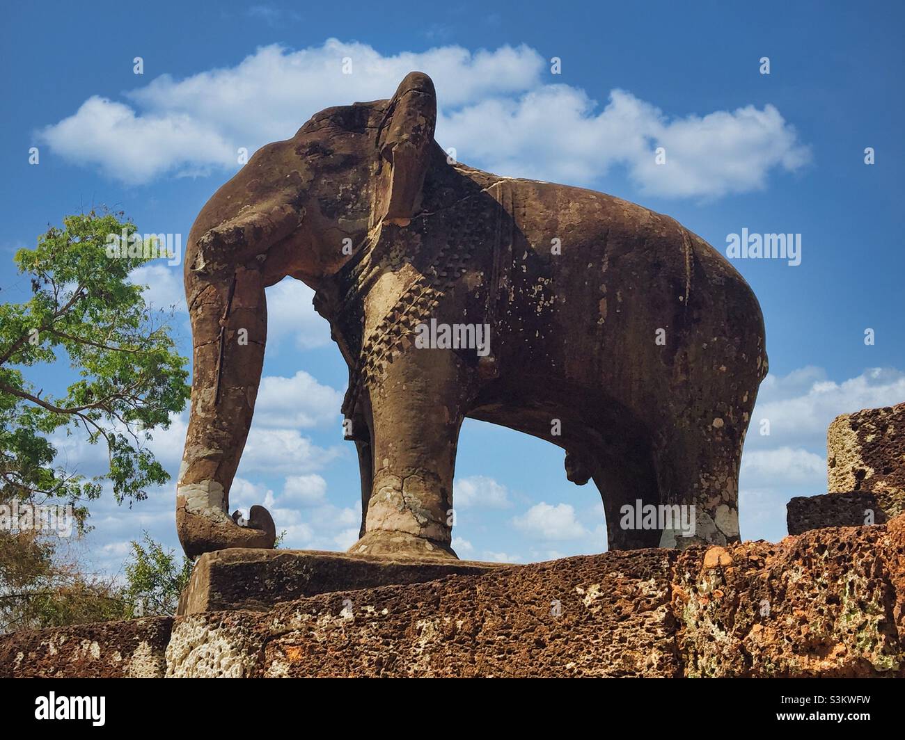 Elephant stone carving at temple ruins, Angkor Wat complex, Siem Reap, Cambodia - Smartphone Captured Stock Image