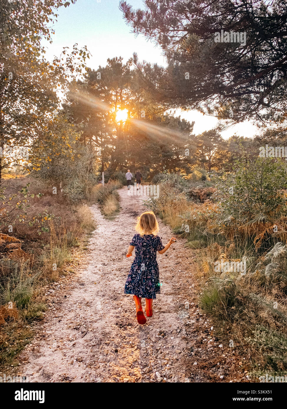 Small girl in floral dress and red wellies in the forest Stock Photo