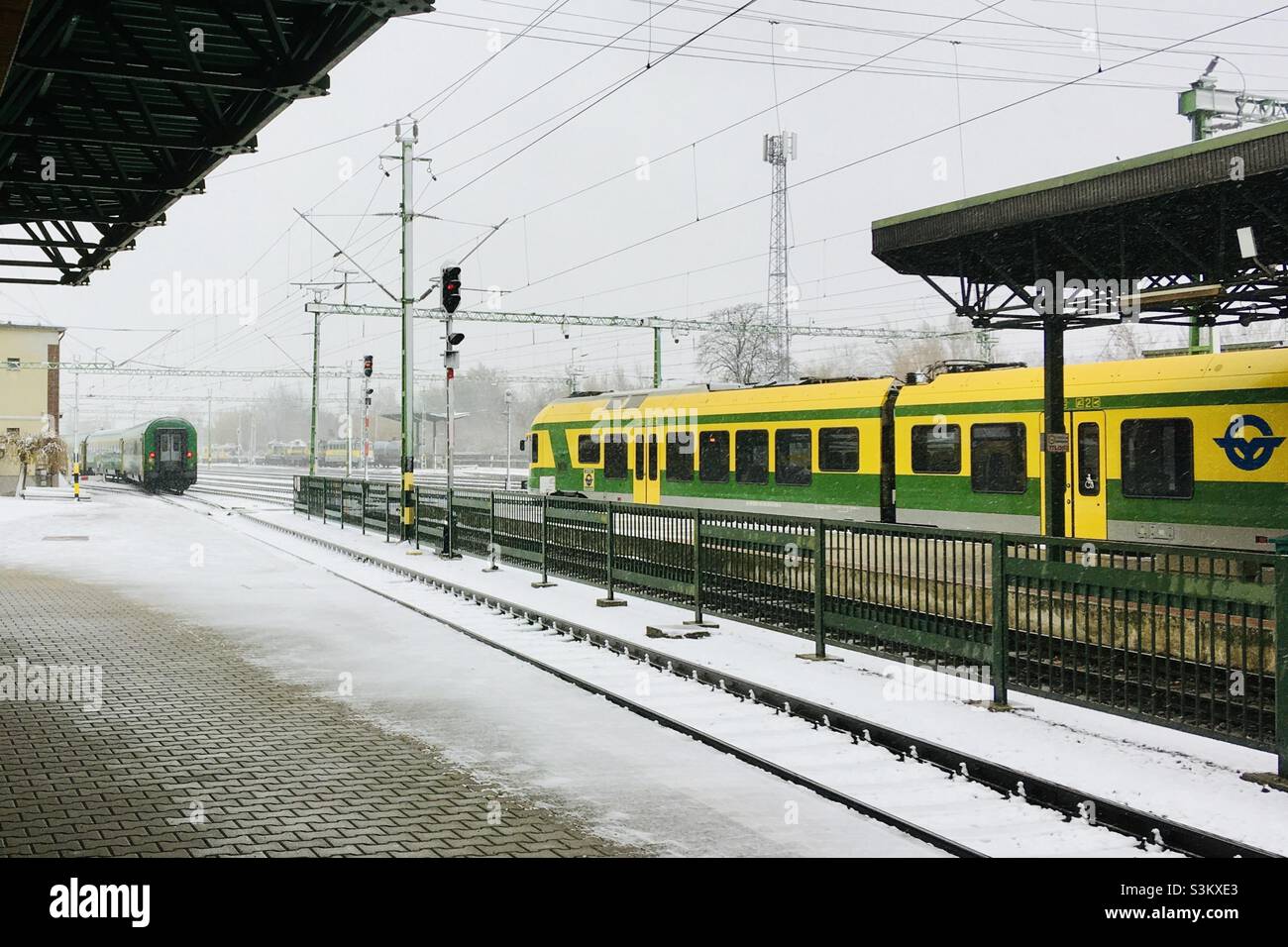 Intercity train pulls out of GYSEV Railway Station, Sopron, Hungary Stock Photo