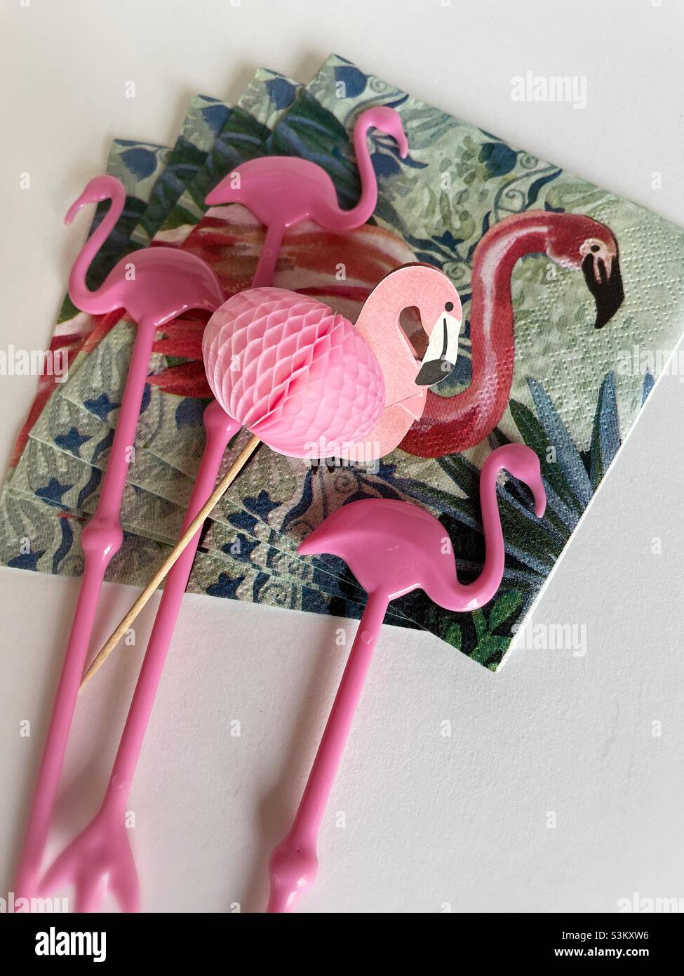 Still life of pink flamingo themed products, United States - Smartphone Captured Stock Image