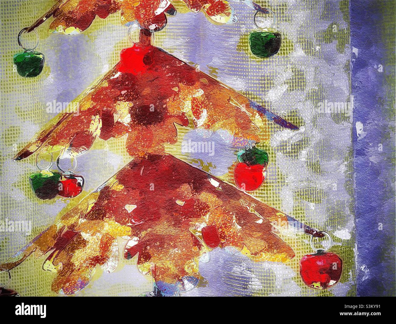 Small metallic, tabletop Christmas tree as part of home decor during the Christmas season. - Smartphone Captured Stock Image