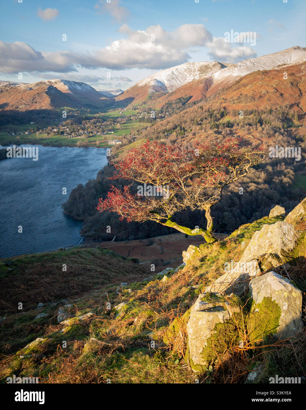 Evening descent of Loughrigg Fell, a dusting of snow on fells above Grasmere, Lake District, UK - Smartphone Captured Stock Image