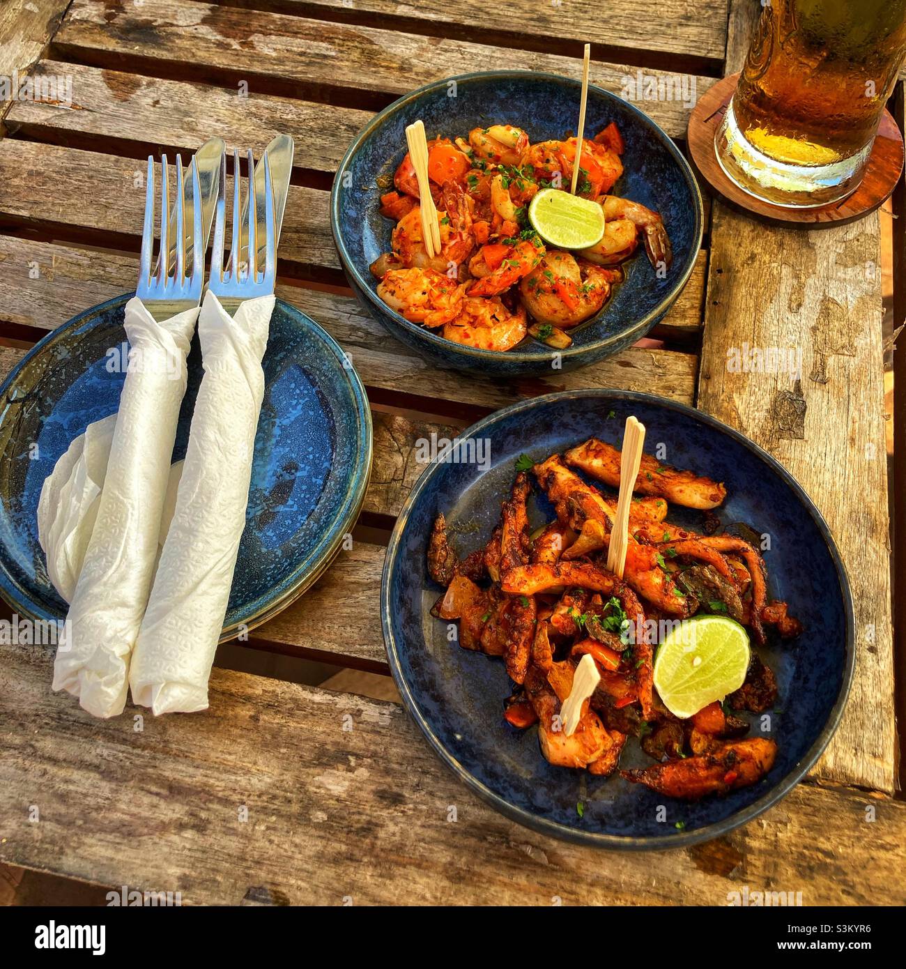 Small plates lunch, prawns and octopus - Smartphone Captured Stock Image