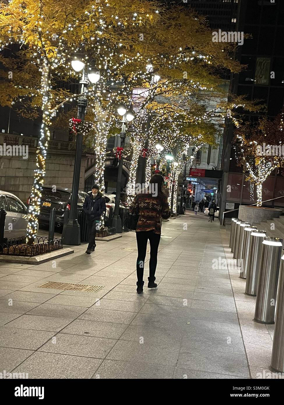 People walking toward Grand Central terminal under trees lit with holiday lights in New York City - Smartphone Captured Stock Image