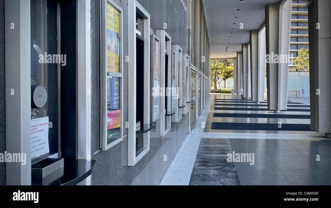 LOS ANGELES, CA, FEB 2021: ticket booths and posters for upcoming events at The Music Center in Downtown - Smartphone Captured Stock Image