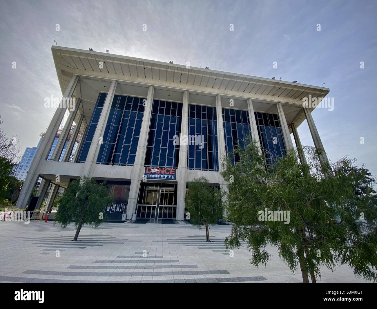 LOS ANGELES, CA, FEB 2021: wide angle view, looking up at the Dorothy Chandler Pavilion, home to the LA Opera at the Music Center in Downtown Stock Photo