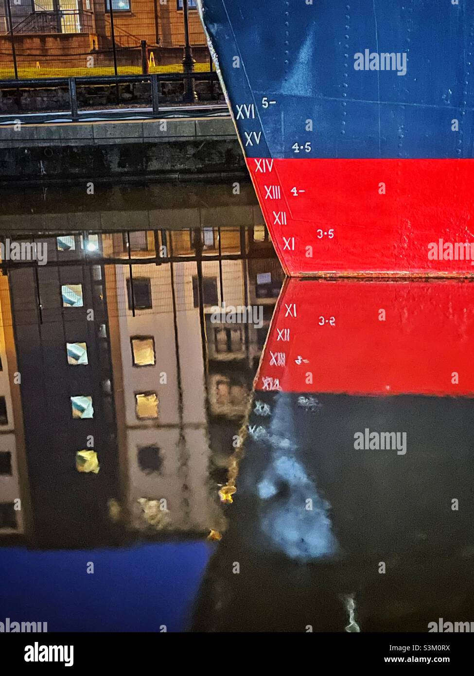 Plimsoll line on Fingal, a floating hotel moored on Leith Waterfront