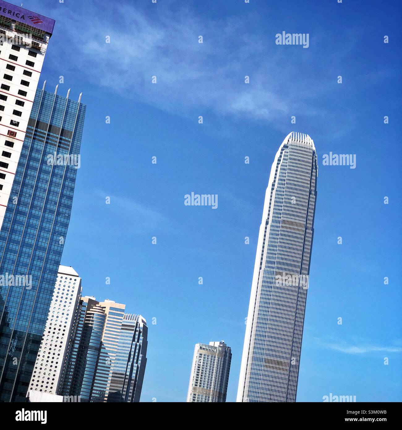 High-rise buildings in Central, Hong Kong Island: (l to r) Bank of America Tower, AIA Central, Jardine House, Exchange Square, 1ifc, Four Seasons, 2ifc - Smartphone Captured Stock Image
