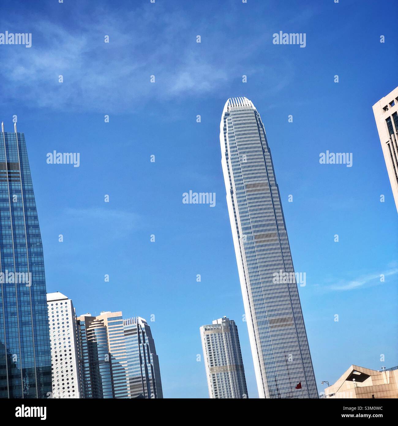 High-rise buildings in Central, Hong Kong Island: (l to r) AIA Central, Jardine House, Exchange Square, 1ifc, Four Seasons, 2ifc - Smartphone Captured Stock Image