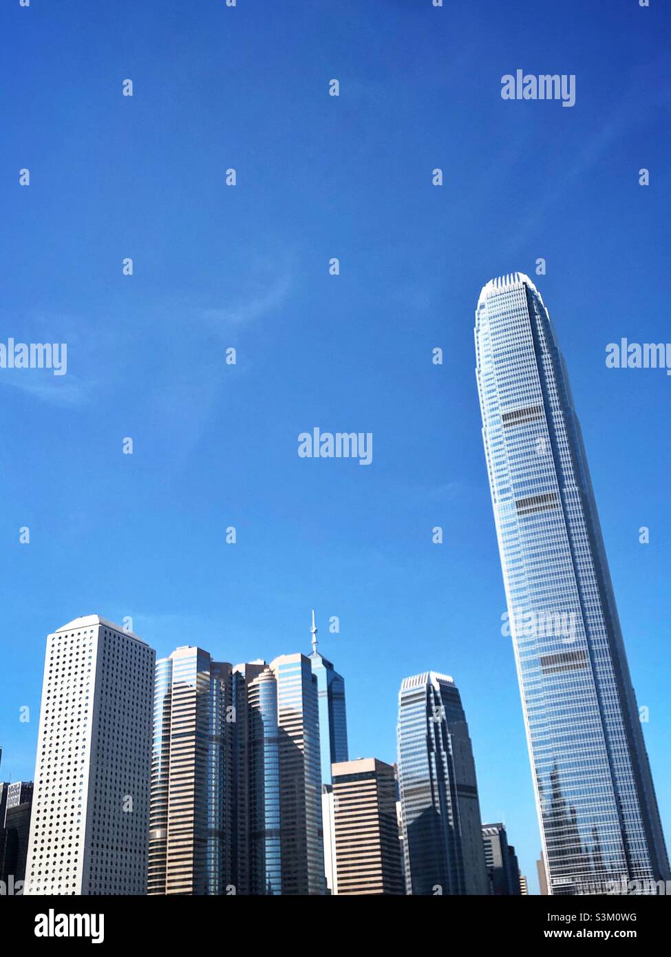 High-rise buildings in Central, Hong Kong Island: (l to r) Jardine House, 1 and 2 Exchange Square, The Center, 3 Exchange Square, 1ifc, 2ifc - Smartphone Captured Stock Image
