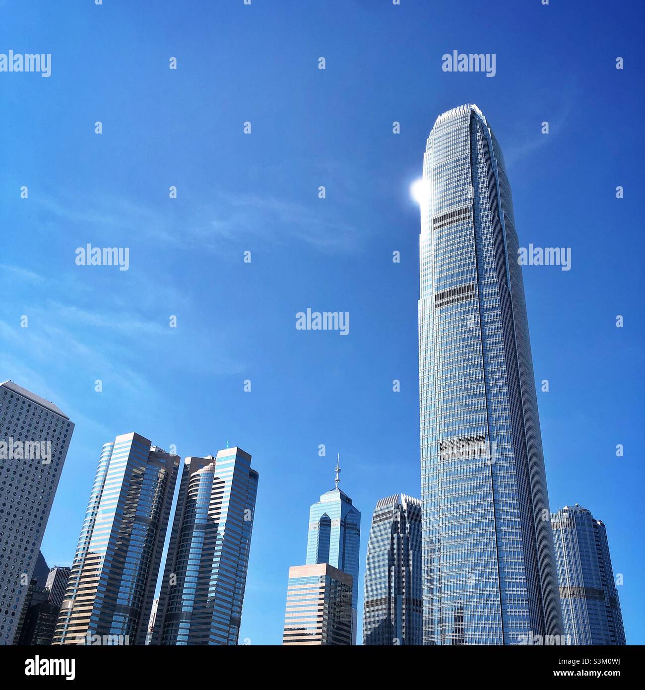 High-rise buildings in Central, Hong Kong Island: (l to r) Jardine House, Exchange Square, The Center, 1ifc, 2ifc, Four Seasons - Smartphone Captured Stock Image