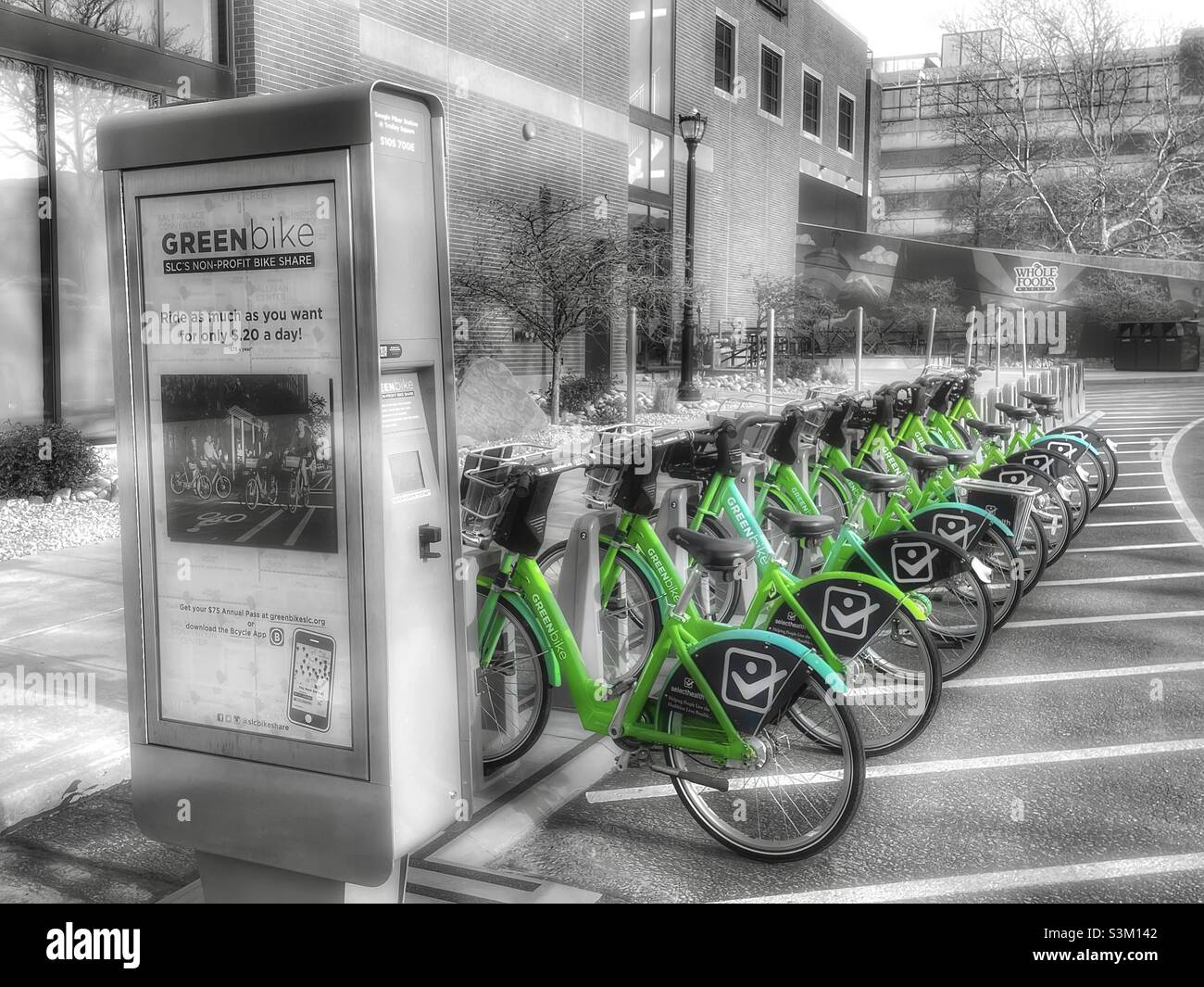 Greenbikes for rent near a shopping complex, Trolley Square, in Salt Lake City, Utah, USA. Sponsored by a local healthcare provider, these bikes are good for your health and the environment. - Smartphone Captured Stock Image