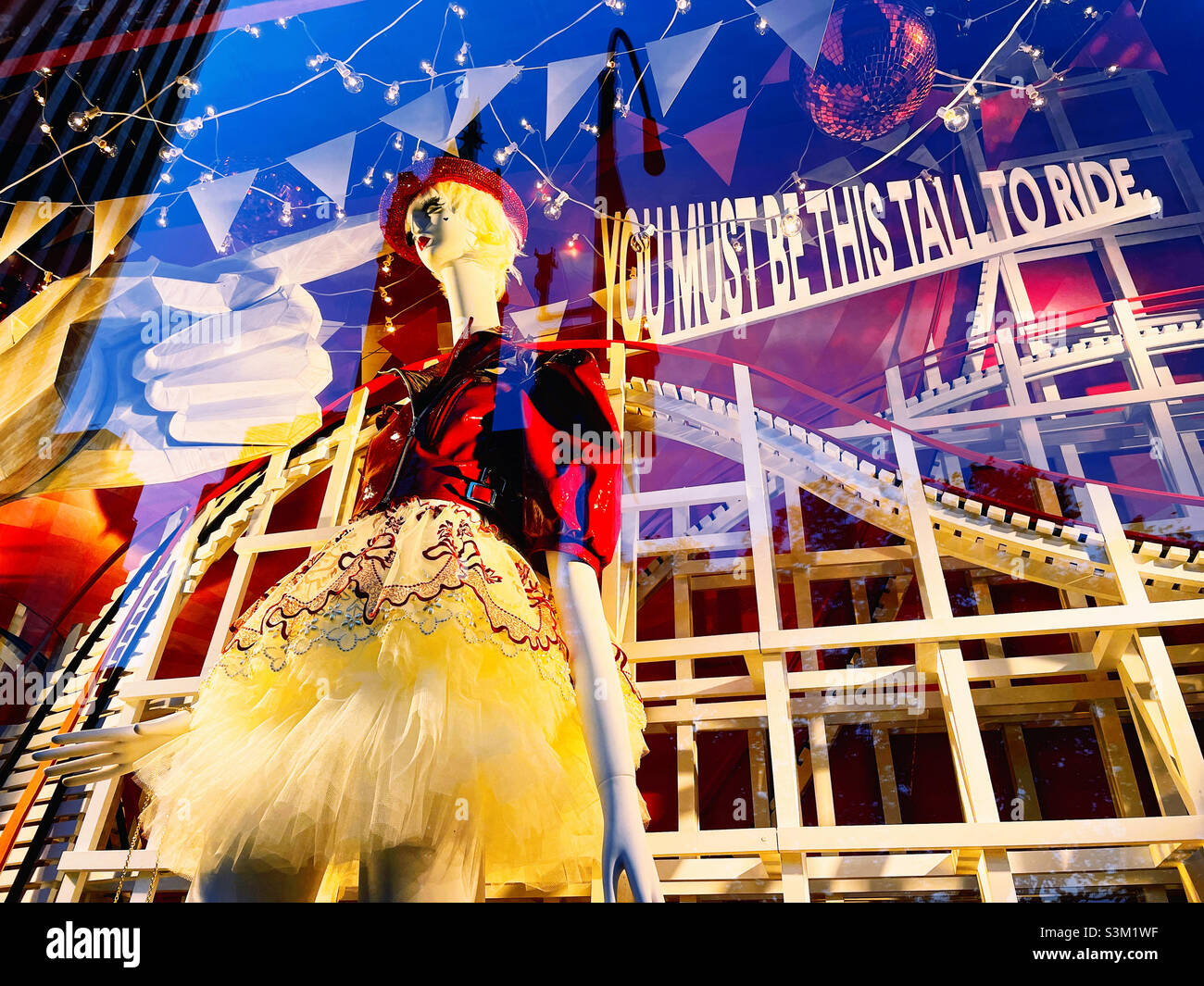 Festive holiday window at Bergdorf Goodman’s on fifth Avenue during the Christmas season, 2021, New York City, United States - Smartphone Captured Stock Image