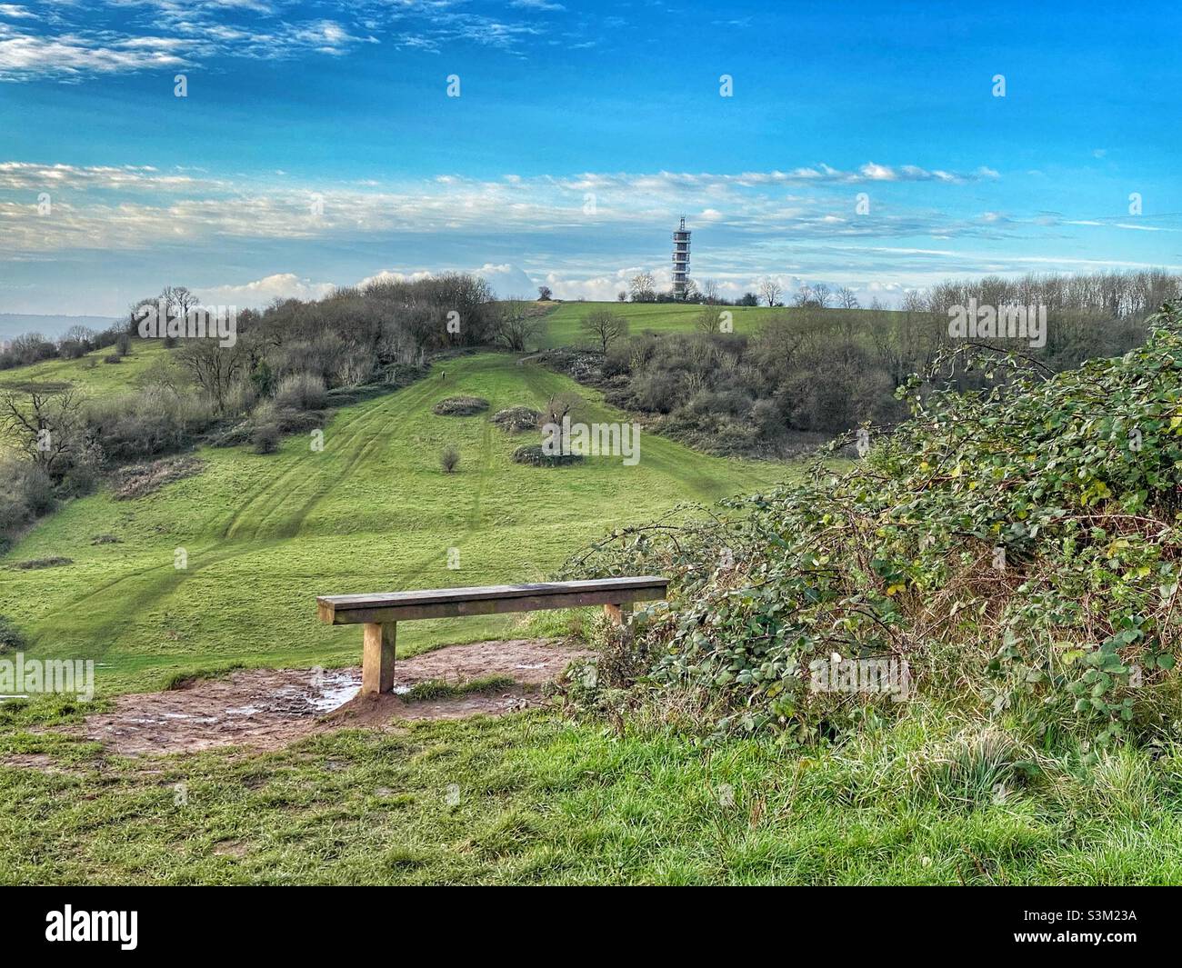 viewpoint bench looking towards the BT Tower at Purdown, Stoke Park Estate, Lockleaze, Bristol, Somerset, Avon, UK - Smartphone Captured Stock Image