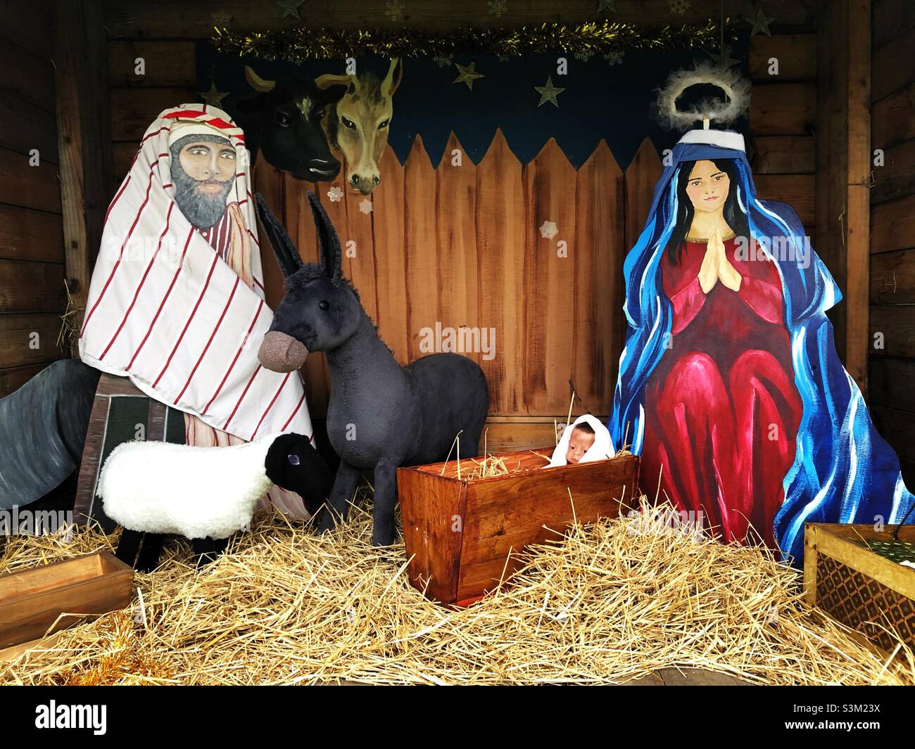 A school Christmas nativity play scene with Mary Joseph and baby Jesus in a manger surrounded by farm animals including a donkey and sheep Stock Photo