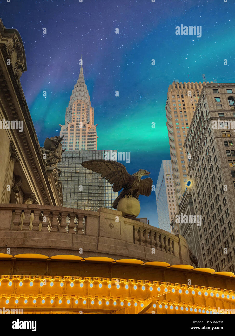 A giant cast iron eagle statue is above the Vanderbilt Avenue entrance to Grand Central terminal, New York City, United States - Smartphone Captured Stock Image