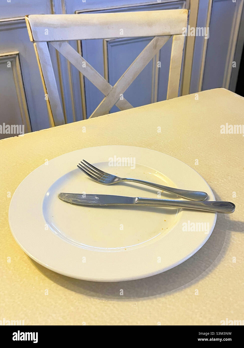 Fork and knife on empty dish. - Smartphone Captured Stock Image