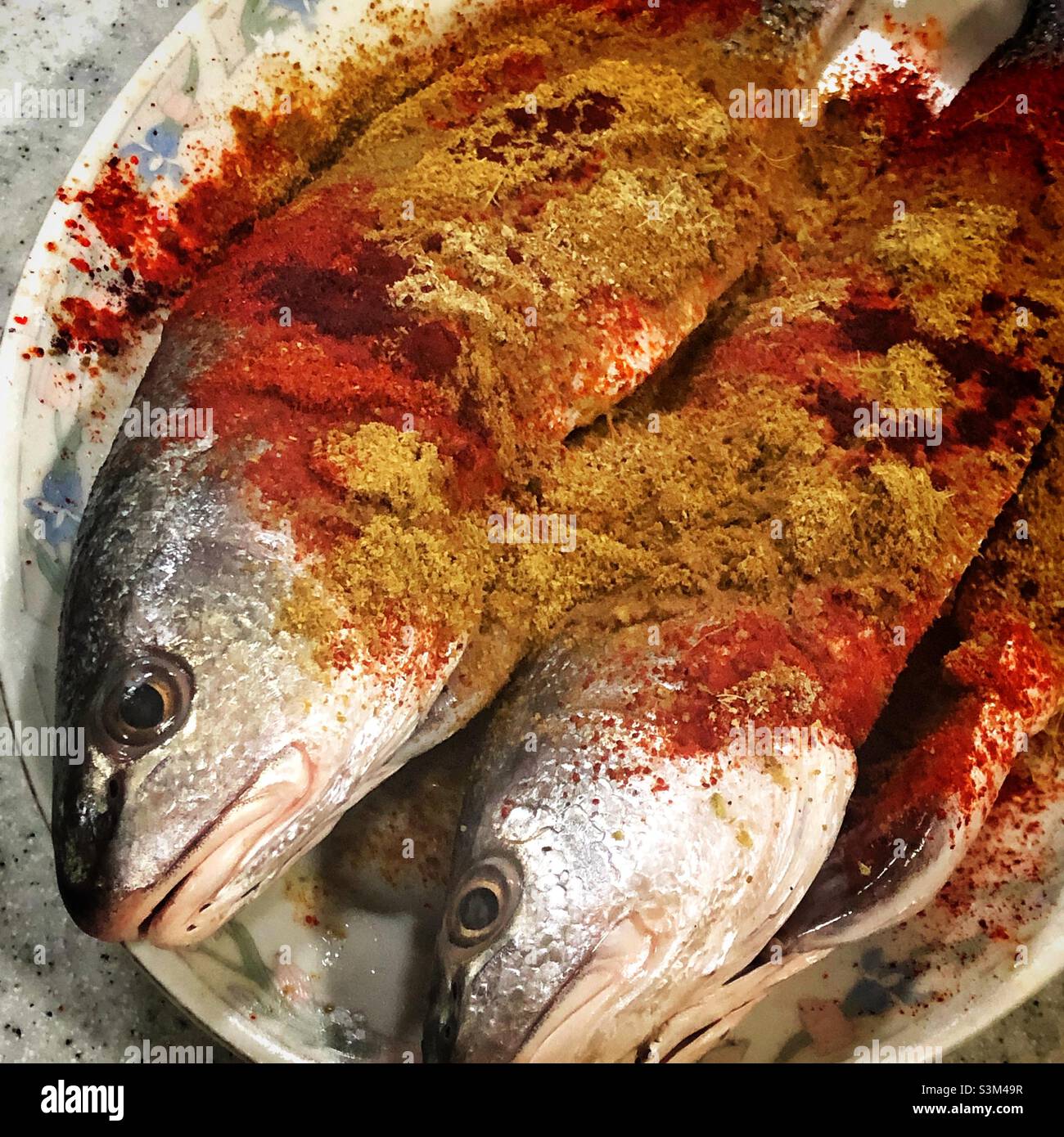 Whole fish prepared for cooking with tandoori powder and mixed Indian spices - Smartphone Captured Stock Image