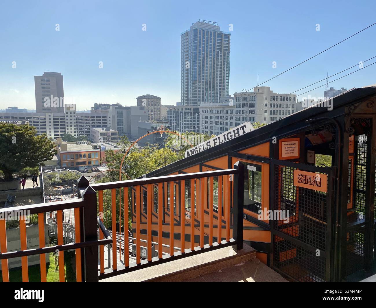 LOS ANGELES, CA, FEB 2021: Looking south across Downtown, from the top of Bunker Hill, Angel's Flight funicular railway station in foreground - Smartphone Captured Stock Image