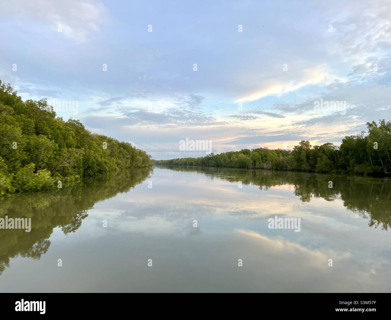 Morning clouds reflections on a trees lined river - Smartphone Captured Stock Image
