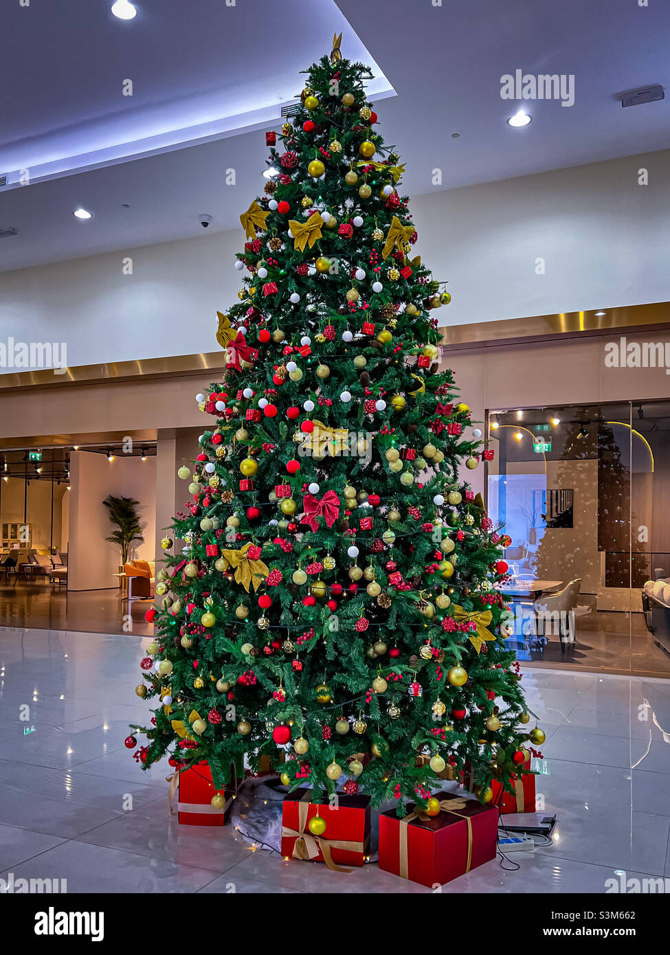 Christmas tree in shopping mall Dragonmart UAE Dubai Stock Photo ...