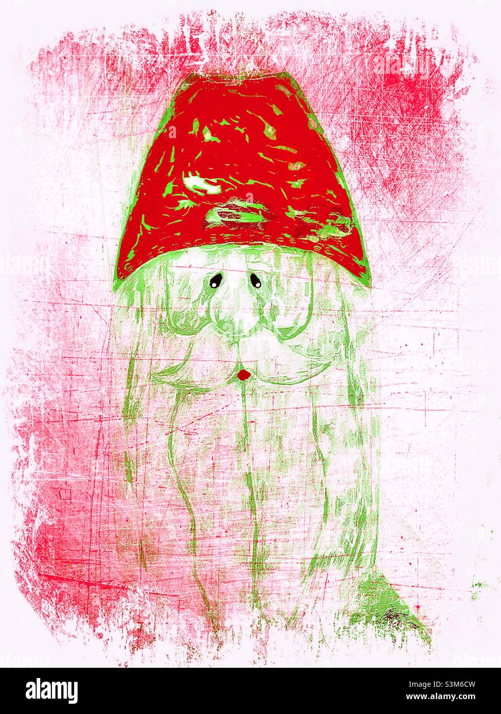 A Santa Claus carved and painted onto a small paddle, or oar, a thrift store find, has been digitally altered to create this Pop Grunge Santa, in Christmasy tones and colors. - Smartphone Captured Stock Image