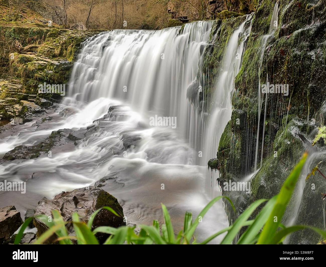 Sgwd Isaf Clun Gwyn waterfall near Ystradfellte in the Vale of Neath, December. - Smartphone Captured Stock Image
