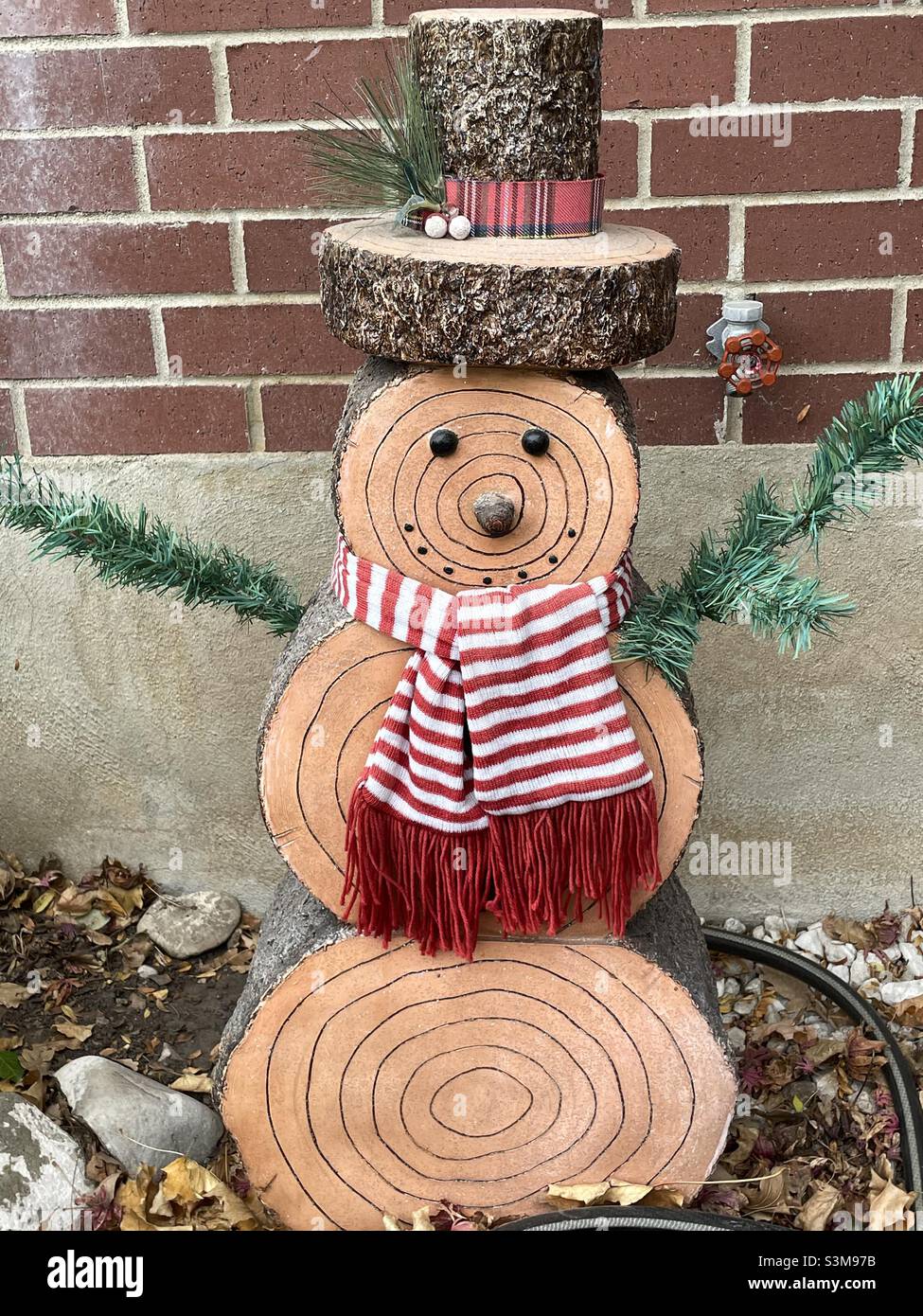 A bit of a unique snowman in that it is made of cuts from the trunk of a pine tree. But this wood brown snowman still, like other snowmen, portends snowfall. He’s bundled up in anticipation. - Smartphone Captured Stock Image