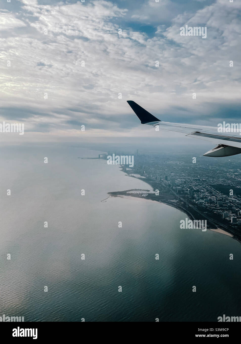 View of Lake Michigan from an airplane window. Stock Photo